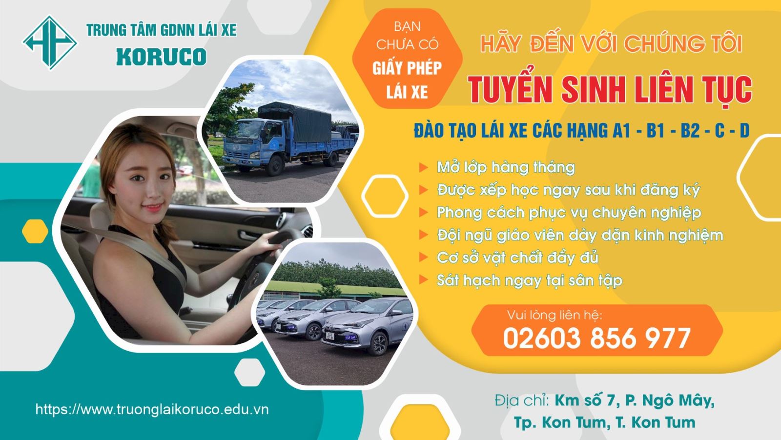 TRUNG TÂM GIÁO DỤC NGHỀ NGHIỆP LÁI XE KORUCO TUYỂN SINH LIÊN TỤC CÁC HẠNG A1, B chuyển số tự động, B chuyển số cơ khí (số sàn), C1, D2